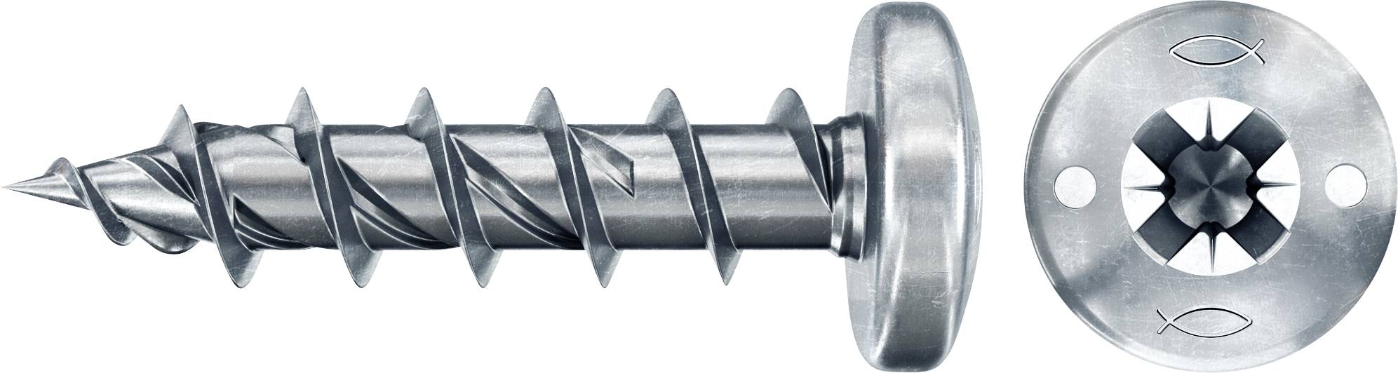 Ein langer Metallschraube mit Senkkopf und Torx-Antrieb, ideal für Holzverbindungen, daneben eine Aufsicht des Schraubenkopfs.
