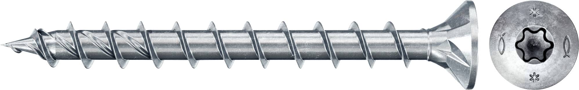 Schraube mit Senkkopf und Torx-Antrieb, silberfarben, für Holz- oder Metallverbindungen. Draufsicht auf Kopf und Seitenansicht des Schafts.