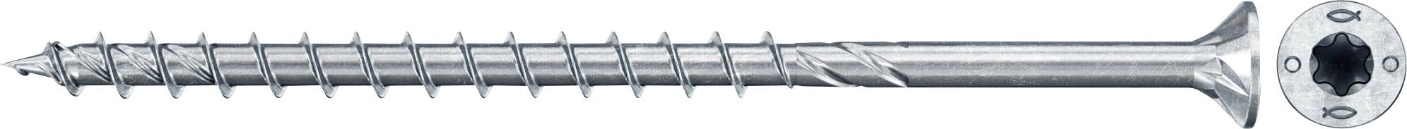 Ein silberner Holzschraube mit Senkkopf und Torx-Antrieb. Oberflächengestaltung ermöglicht besseren Halt in Holzmaterialien.