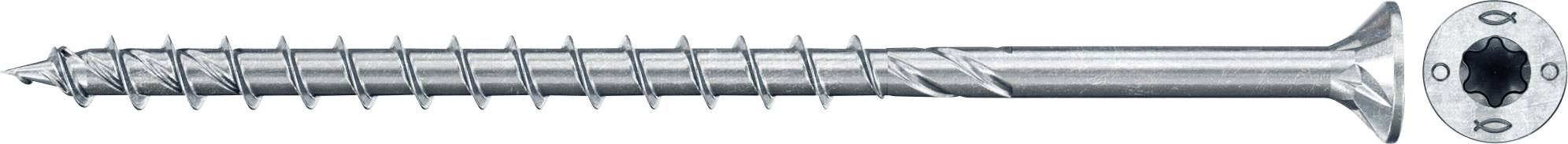 Langer Metallschraube mit Torx-Kopf und Senkkopf, geeignet für Holzverbindungen. Ansicht von der Seite und oben.