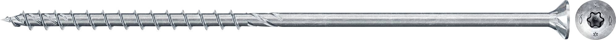 Eine lange silberne Schraube mit Senkkopf und Torx-Antrieb, von der Seite und von oben gezeigt. Geeignet für Holzverbindungen.