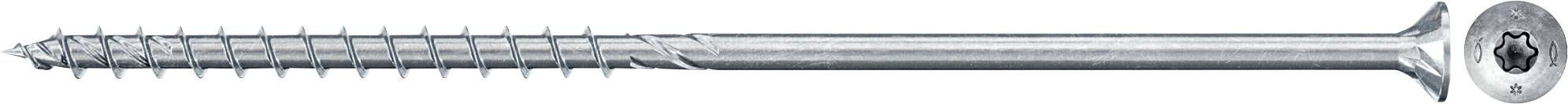 Lange Schraube aus Metall mit Kreuzschlitzkopf und Gewinde. Oben eine Draufsicht des Kopfs.