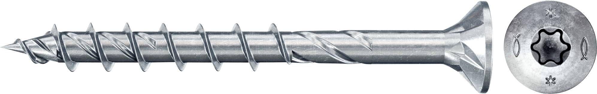 Langer silberner Schraube mit Senkkopf und Kreuzschlitz, Ansicht aus der Seite und von oben. Geeignet für Holz- und Metallverbindungen.