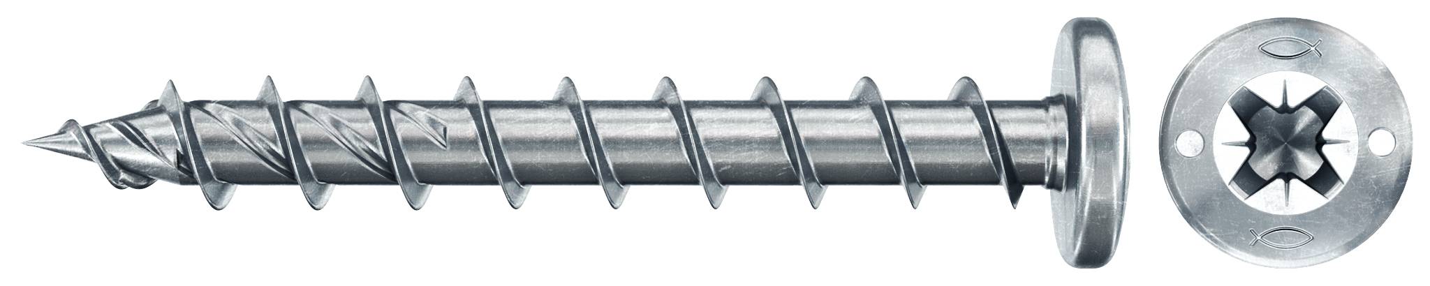 Metallschraube mit spitzer Spitze und breitem Kopf, horizontal dargestellt, mit separater Draufsicht des kreisförmigen Kopfes und des sternförmigen Antriebs.