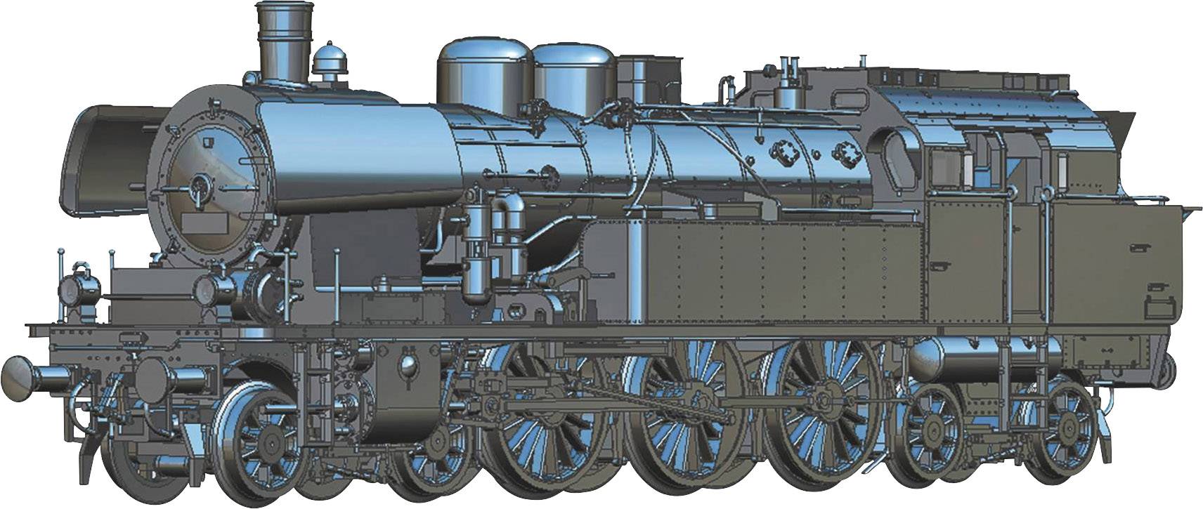 Eine detaillierte technische Zeichnung einer historischen Dampflokomotive mit mehreren Rädern und markanten Zylindern vorne.