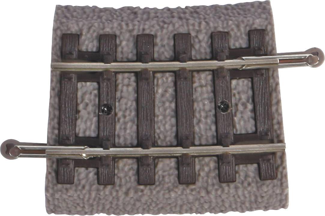 Ein kurzes Stück braunes Modellbahn-Schienenstück auf grauem Untergrund, mit zwei parallelen Metallschienen und holzfarbenen Schwellen.