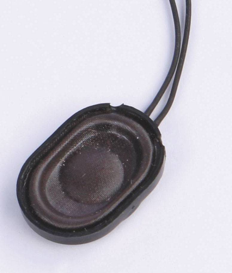 Ein kleiner, ovaler Lautsprecher mit zwei Kabeln, auf weißem Hintergrund.