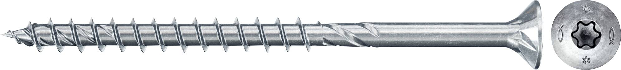 Ein  langer silberner Schraube mit Senkkopf und Torx-Antrieb.