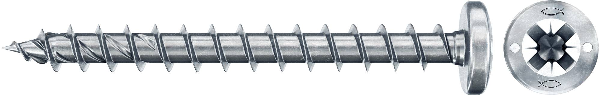 Ein metallener Holzschraube mit Senkkopf und Torx-Antrieb ist abgebildet. Die Schraube hat ein feines Gewinde und eine glatte Oberfläche.