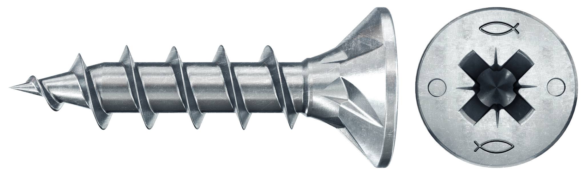 Metallschraube mit Grobgewinde und Phillips-/Stern-Antriebskopf, dargestellt in Seiten- und Draufsicht auf weißem Hintergrund.