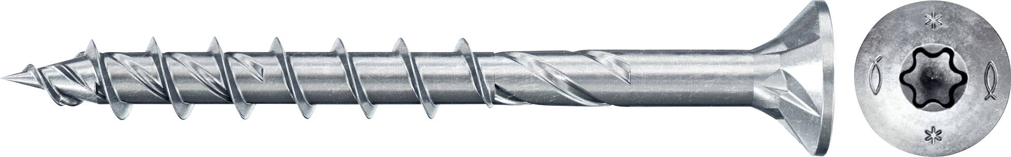 Eine silberne Schraube mit Senkkopf und Torx-Antrieb, von der Seite und von oben gezeigt. Sie ist lang und hat ein scharfes Gewinde.