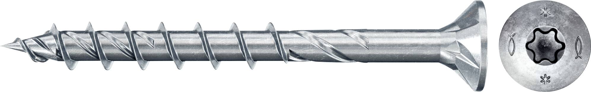 Eine silberne Schraube mit einem Torx-Kopf, seitlich und von oben gezeigt.