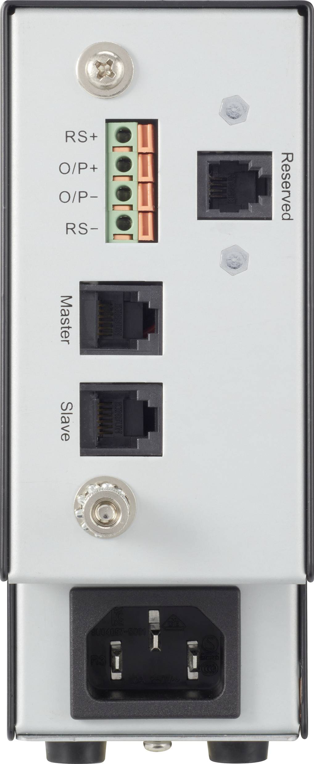 Rückseite eines elektronischen Geräts mit Anschlüssen für RS+, RS-, O/P, Ethernet und Strom. Weitere Ports beschriftet als Master und Slave.