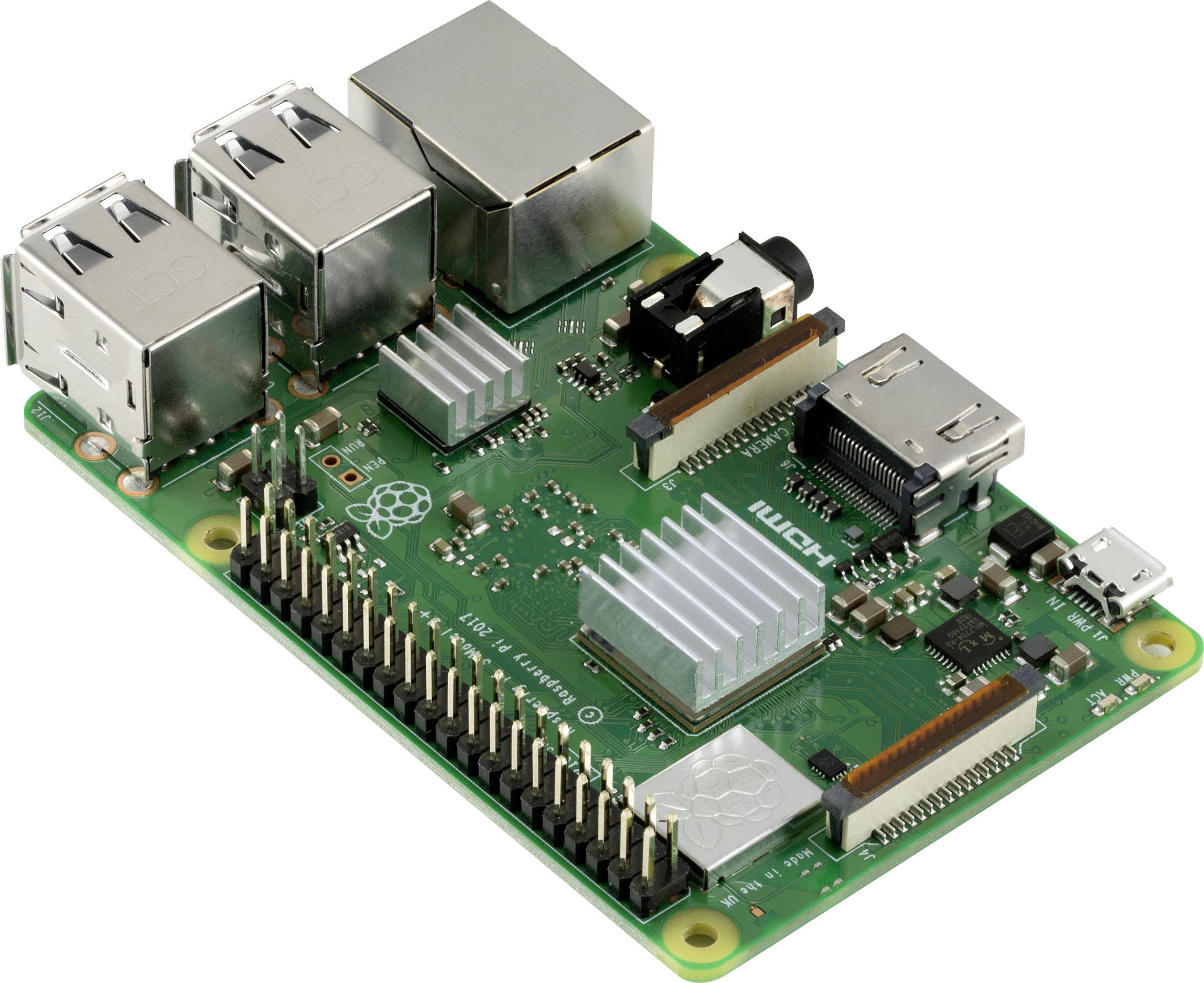 Ein Raspberry Pi, ein kleiner Einplatinencomputer mit mehreren USB-Anschlüssen, Netzwerkanschluss und GPIO-Pins für elektronische Projekte.