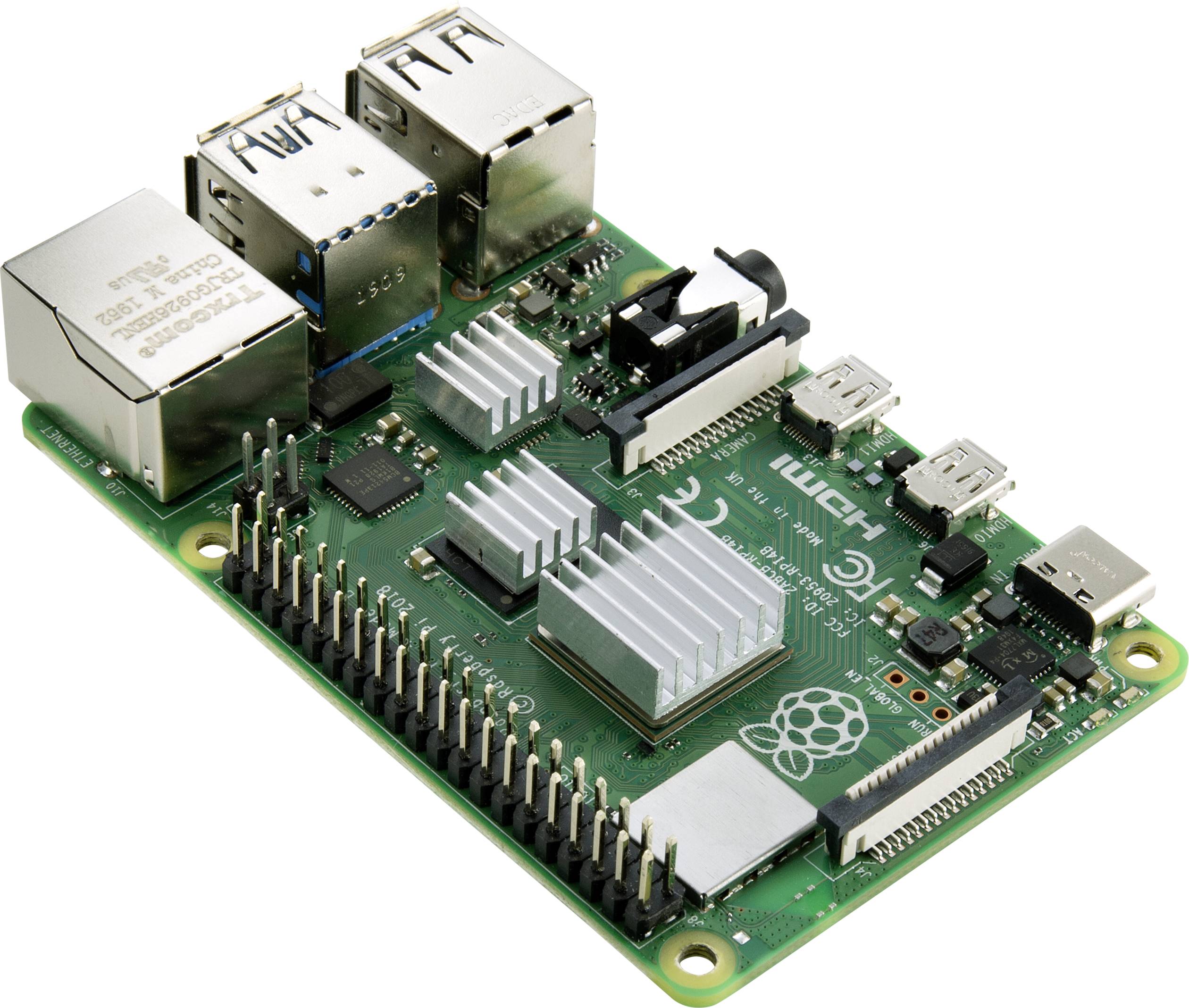 Eine grüne Raspberry Pi Platine mit USB- und Ethernet-Ports, HDMI-Anschluss, Chip und Kühlkörper.