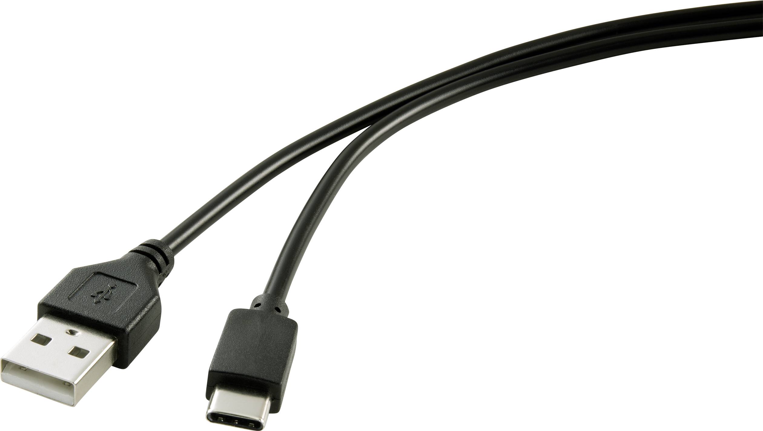 Schwarzes Kabel mit USB-A- und USB-C-Steckern, geeignet zum Verbinden von Geräten mit unterschiedlichen Anschlüssen.