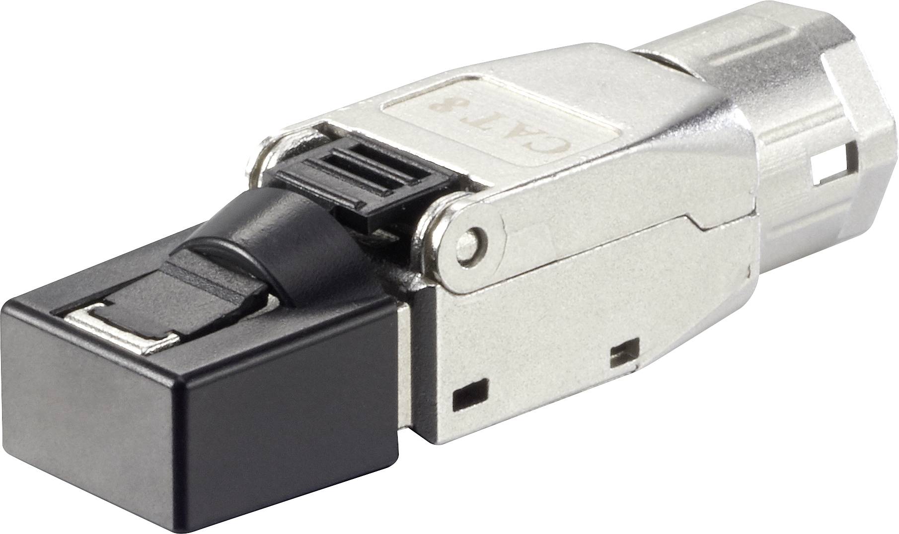 Ein CAT 8 Netzwerkstecker aus Metall mit schwarzer Kunststoffabdeckung, geeignet für Hochgeschwindigkeits-Datenverbindungen.