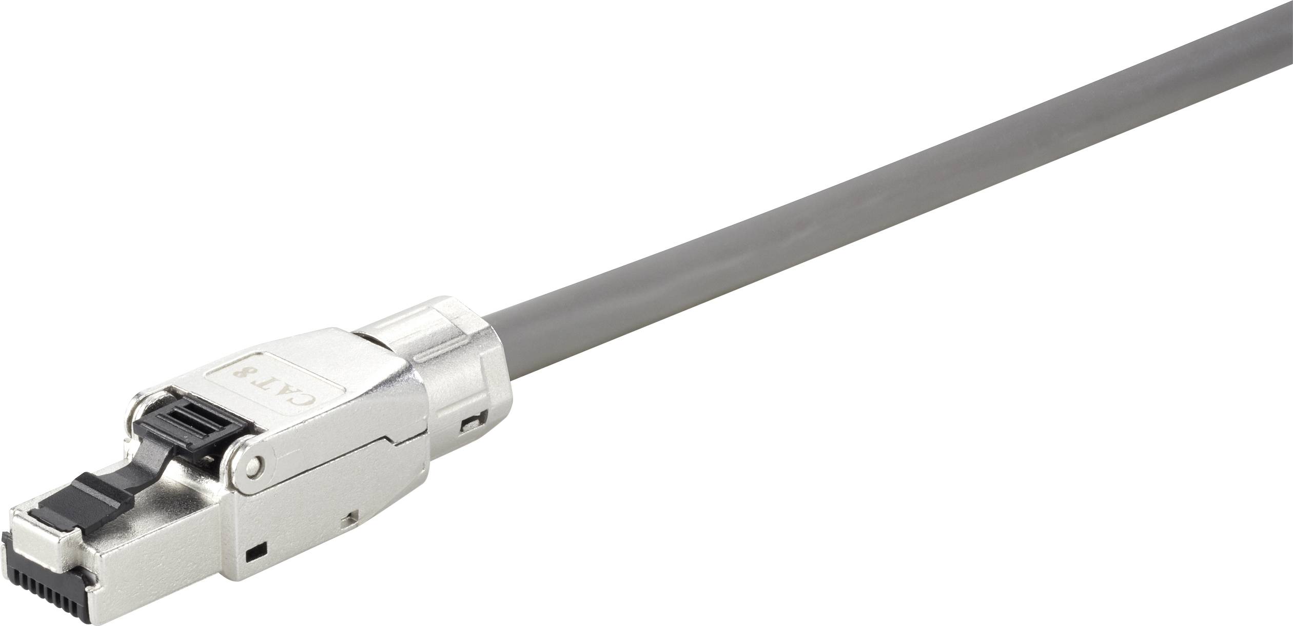 Ein silbernes Ethernet-Kabel mit RJ45-Stecker. Geeignet für Netzwerke und Datenübertragungen.