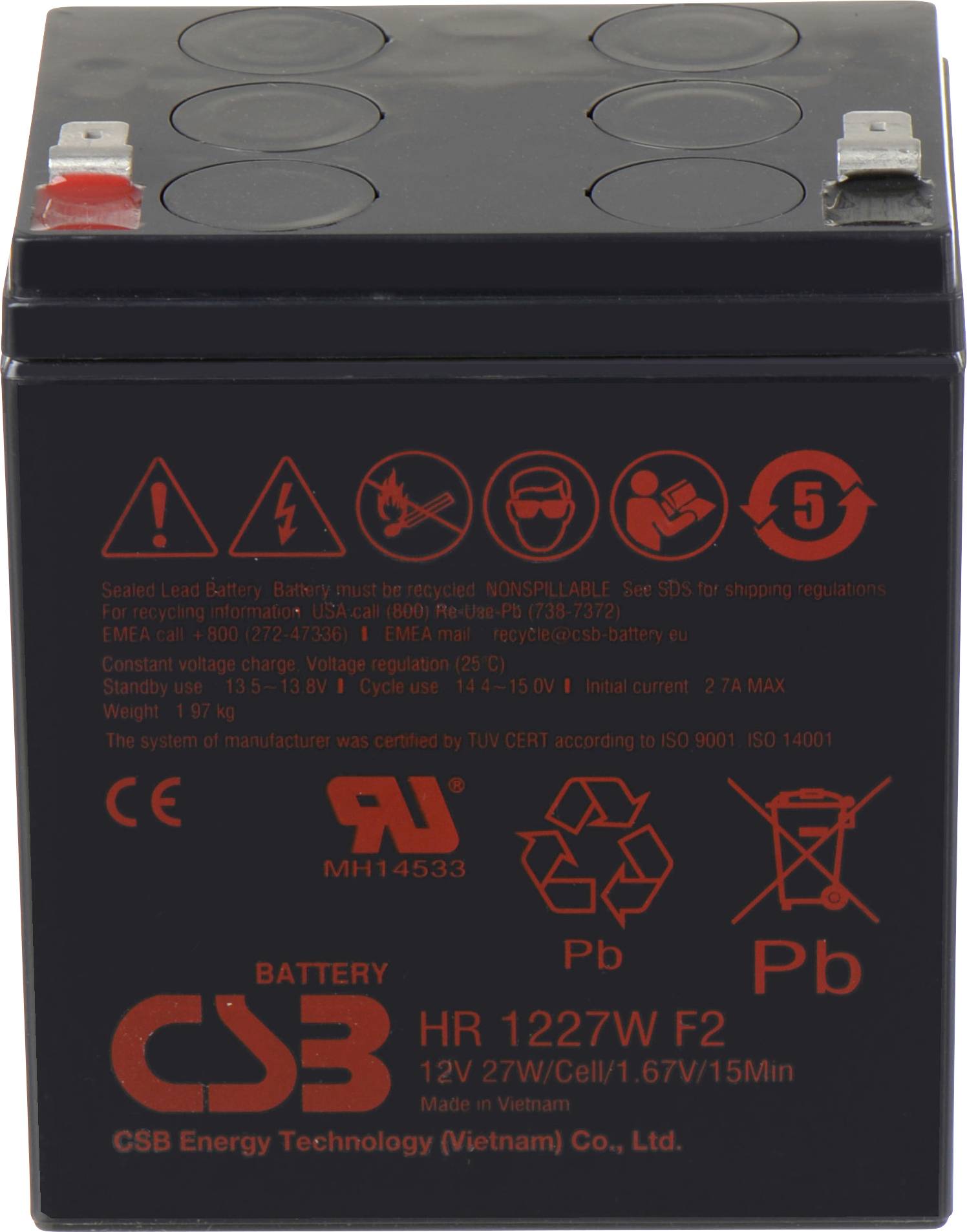 Eine schwarze Batterie mit der Bezeichnung 'CSB Battery HR 1227W F2' mit Recycling- und Entsorgungssymbolen. Hergestellt in Vietnam, 12V 27W/Zelle.