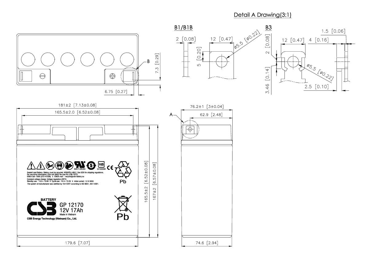 CSB Battery GP 12170 Standby USV GP12170I1 Bleiakku 12V 17Ah Blei-Vlies (AGM) (B x H x T) 181 x 167 x 76mm M5-Schraubanschluss