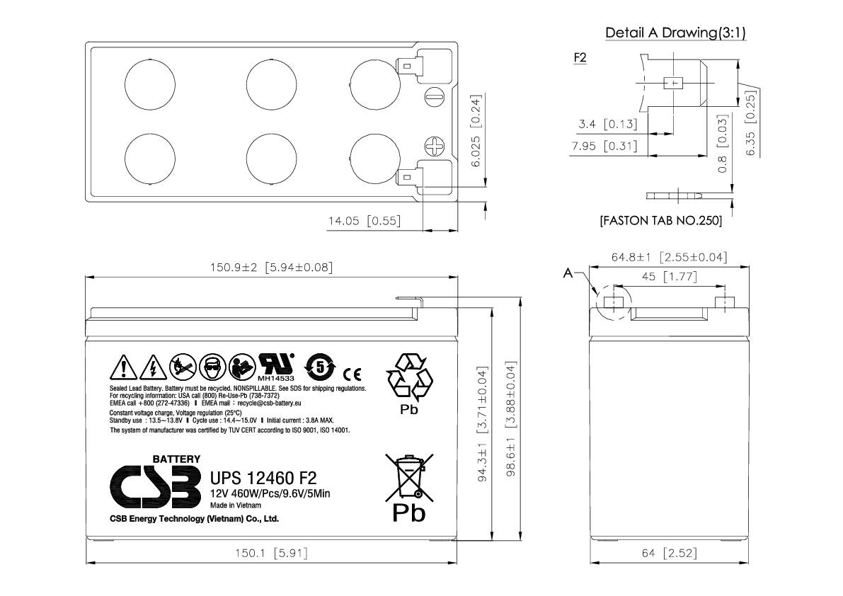 CSB Battery UPS 12460high-rate UPS12460F2 Bleiakku 12V 9.6Ah Blei-Vlies (AGM) (B x H x T) 151 x 99 x 65mm Flachstecker 6.35mm