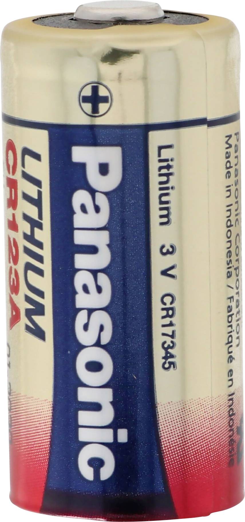 Eine Panasonic CR123A Lithium-Batterie mit 3V Leistung und Modell CR17345, hergestellt in Indonesien, mit Markierung und Produktinformationen.