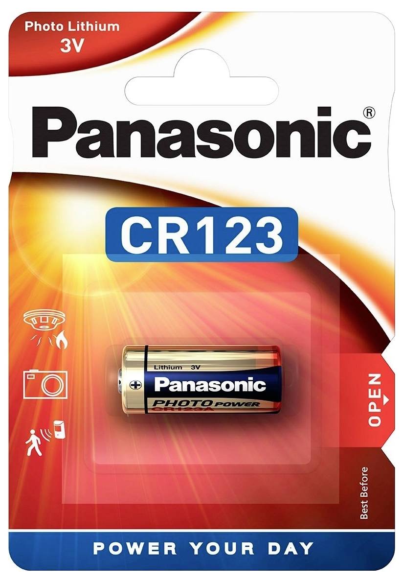 Panasonic CR123 Foto-Lithium-Batterie Packung, 3V, mit Symbolen für Kamera- und Taschenlampennutzung, beschriftet mit 