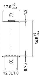 Technische Zeichnung eines rechteckigen Bauteils mit den Maßen: Breite 17 mm, Höhe 34,5 mm, Dicke 1,2 mm, Lochabstand 12 mm.
