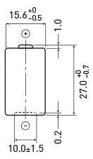 Technische Zeichnung einer rechteckigen Komponente mit Maßen: 15,6 ±0,5 mm Breite, 27 ±0,7 mm Höhe, 10 ±1,5 mm Tiefe.