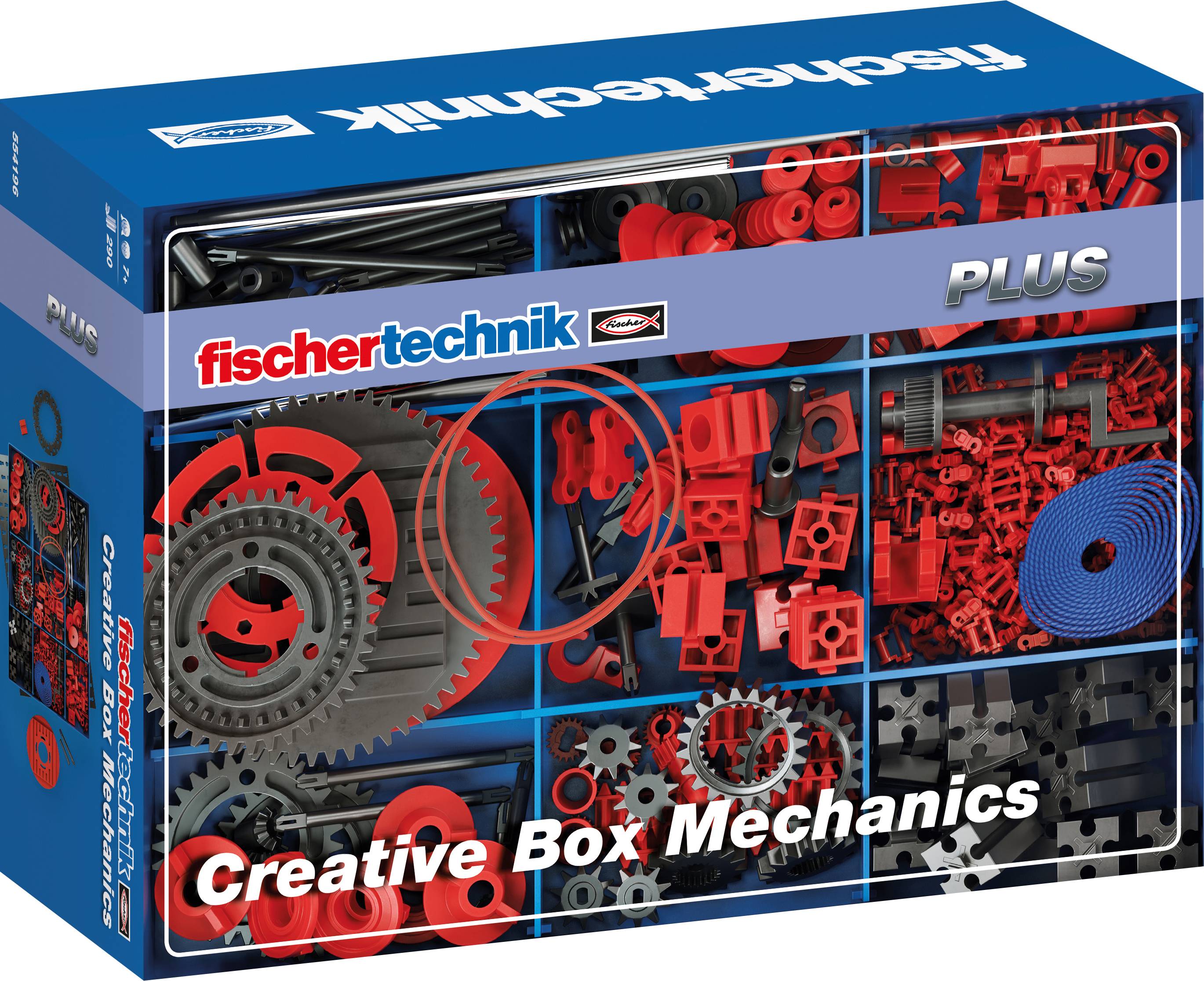 Verpackung der 'fischertechnik PLUS Creative Box Mechanics', zeigt rote und schwarze mechanische Bauteile und Zahnräder für Modelle.
