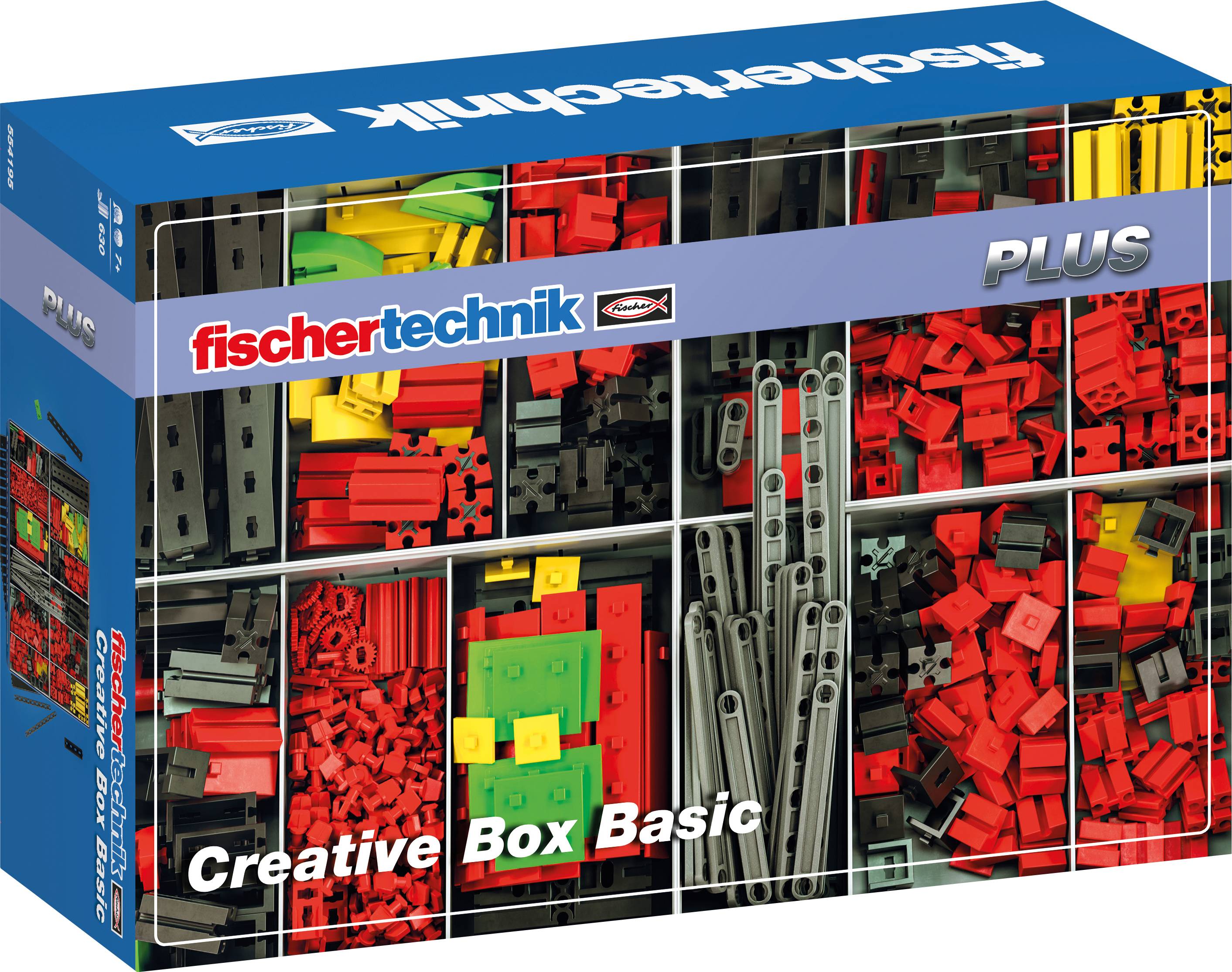 Die Verpackung zeigt ein Baukastenset mit verschiedenen bunten Bauteilen für kreative Konstruktionsprojekte. Markenname und Bezeichnung sind sichtbar.
