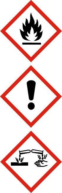 Drei Gefahrensymbole: Flamme für entzündlich, Ausrufezeichen für Vorsicht, Reagenzglas und Hand für ätzend.