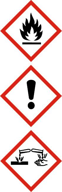 Drei Gefahrensymbole: 1. Flamme (entzündlich), 2. Ausrufezeichen (Achtung), 3. Chemikalienhand (ätzend).