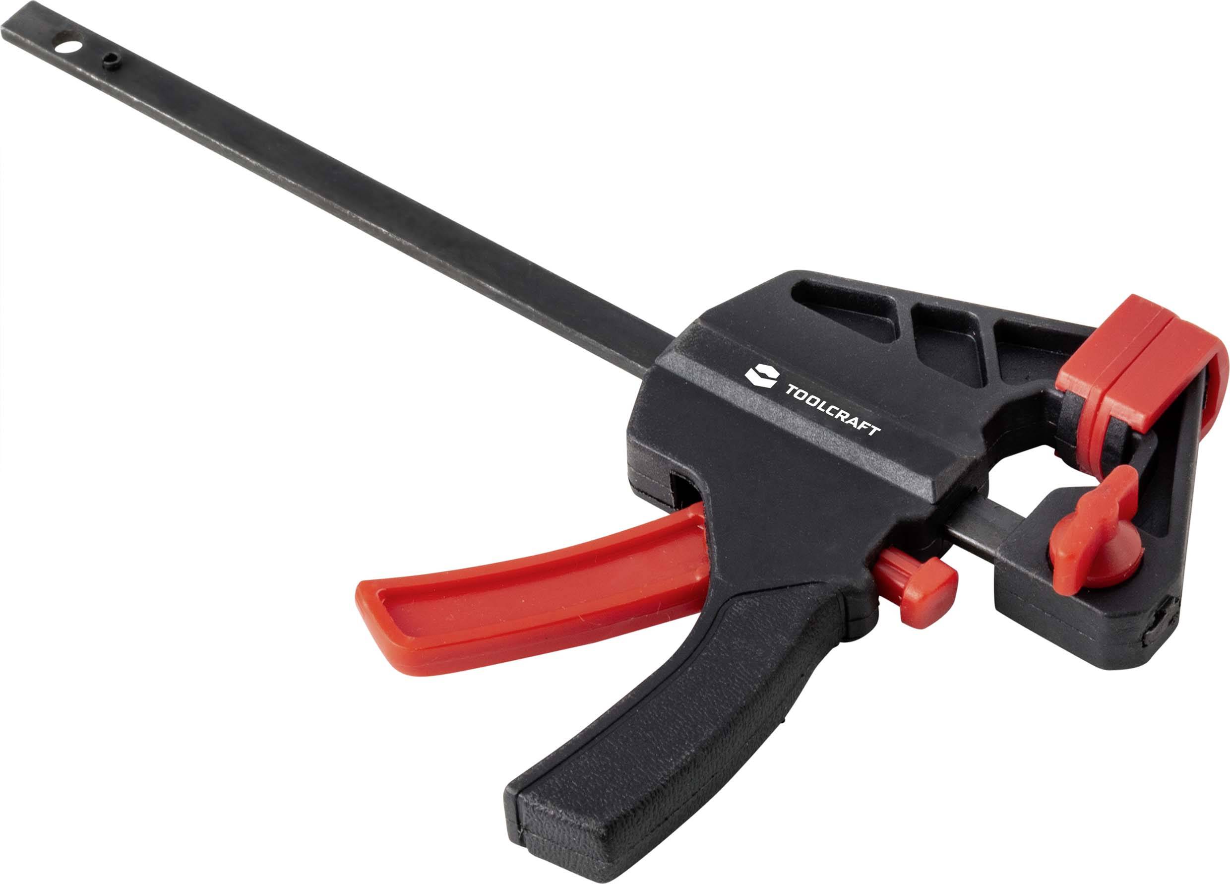 Ein schwarzer Schraubzwinge mit rotem Griff und roter Spannbacke, von der Marke Toolcraft. Geeignet zum Halten von Objekten.