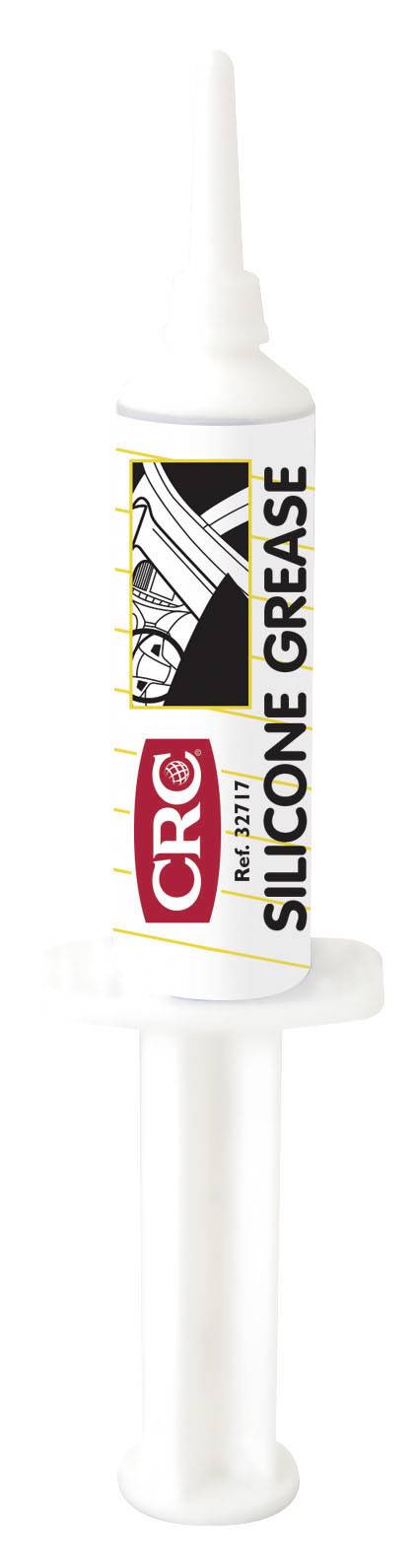 Weiße Spritze mit Aufdruck 'CRC Silicone Grease'. Verpackung zeigt stilisierte Mechanik, symbolisiert Produktanwendung.