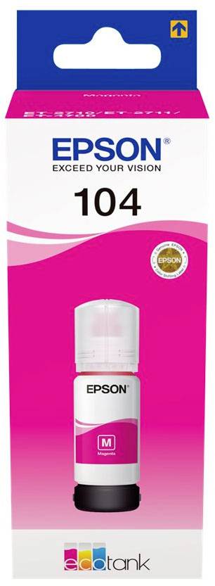 Epson 104 Ecotank Tintenflasche in Magenta. Produktverpackung mit Logo und Farbe, geeignet für Epson-Drucker.
