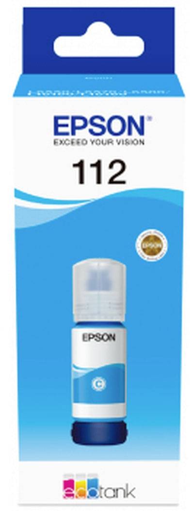 Epson 112 cyan Tintenflasche in Verpackung, geeignet für EcoTank-Drucker. Enthält Qualitätsgarantie und Kapazitätshinweis.