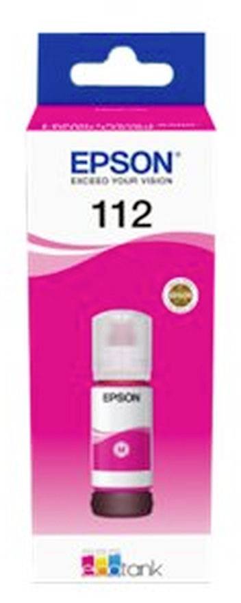 Verpackung einer Epson 112 Tintenflasche in Magenta. Oberer Teil zeigt das Epson-Logo, darunter die Nummer '112'.