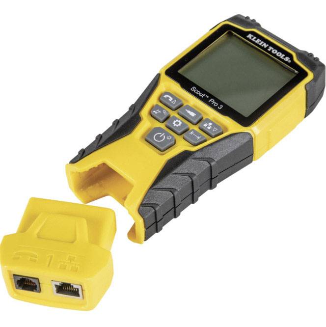 Ein gelbes Kabeltestergerät mit abnehmbarem Adapter, hauptsächlich für Netzwerkverbindungen. Markenname oben auf dem Bildschirm.