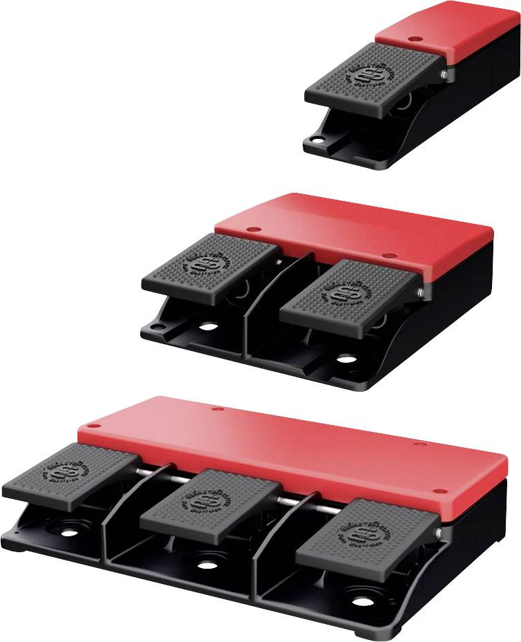 Drei rote und schwarze Fußpedalschalter in unterschiedlicher Größe. Jeder Schalter hat ein Pedal, das optisch strukturiert ist.