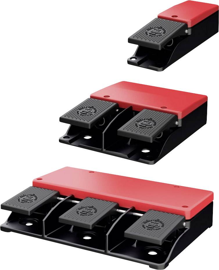 Drei verschieden große Pedalschalter, schwarz mit rotem Gehäuse, in einer diagonalen Anordnung von klein oben rechts zu groß unten links.