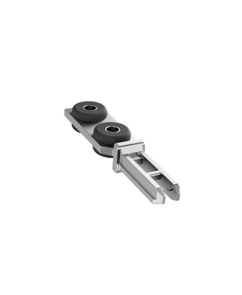 Schiebetür-Rollenhalter mit zwei schwarzen Rollen und silbernen Metallkomponenten, zur Befestigung und Bewegung von Türen.