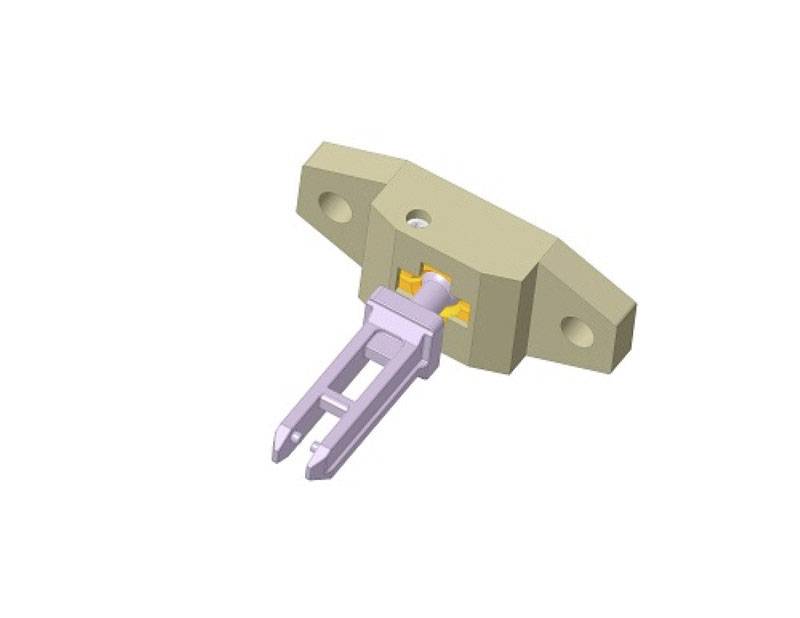 Ein 3D-Rendering zeigt ein mechanisches Bauteil aus Metall, bestehend aus einer lila Gabel, die an einer braunen Halterung befestigt ist.