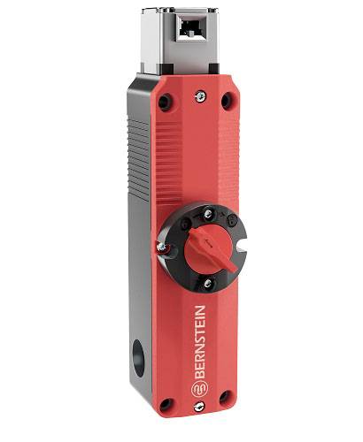 Ein rot-schwarzer Sicherheitsschalter von Bernstein mit Drehknopf und Metallgehäuse. Geeignet für industrielle Anwendungen.