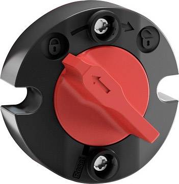 Rot-Schwarz-Drehschalter in gesicherter Position, symbolisiert durch Vorhängeschloss-Symbolen.