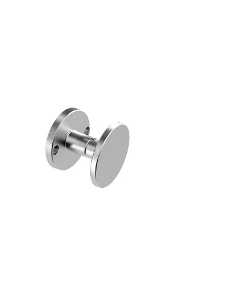 Metallischer Türknauf; zylindrische Form mit zwei runden Flächen, mittig durch eine kurze Achse verbunden. Modernes Design.
