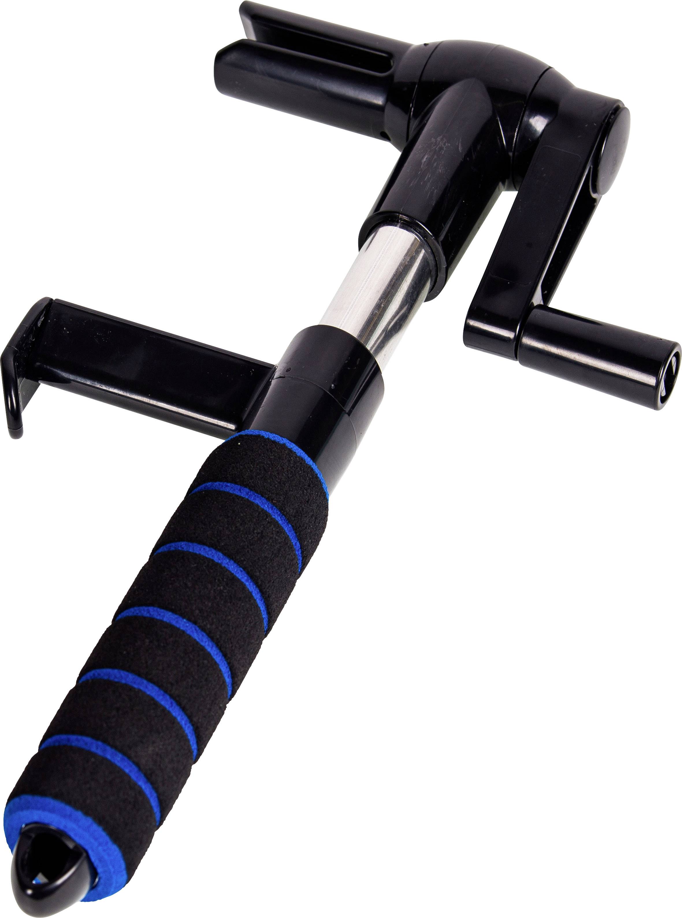Ein faltbarer, schwarzer Gehstock mit blauen Griffpolstern und rutschfestem Gummifuß.