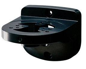 Schwarze Wandhalterung mit runder Basis und mehreren Schraubenlöchern, geeignet für die sichere Befestigung von Geräten oder Zubehör.