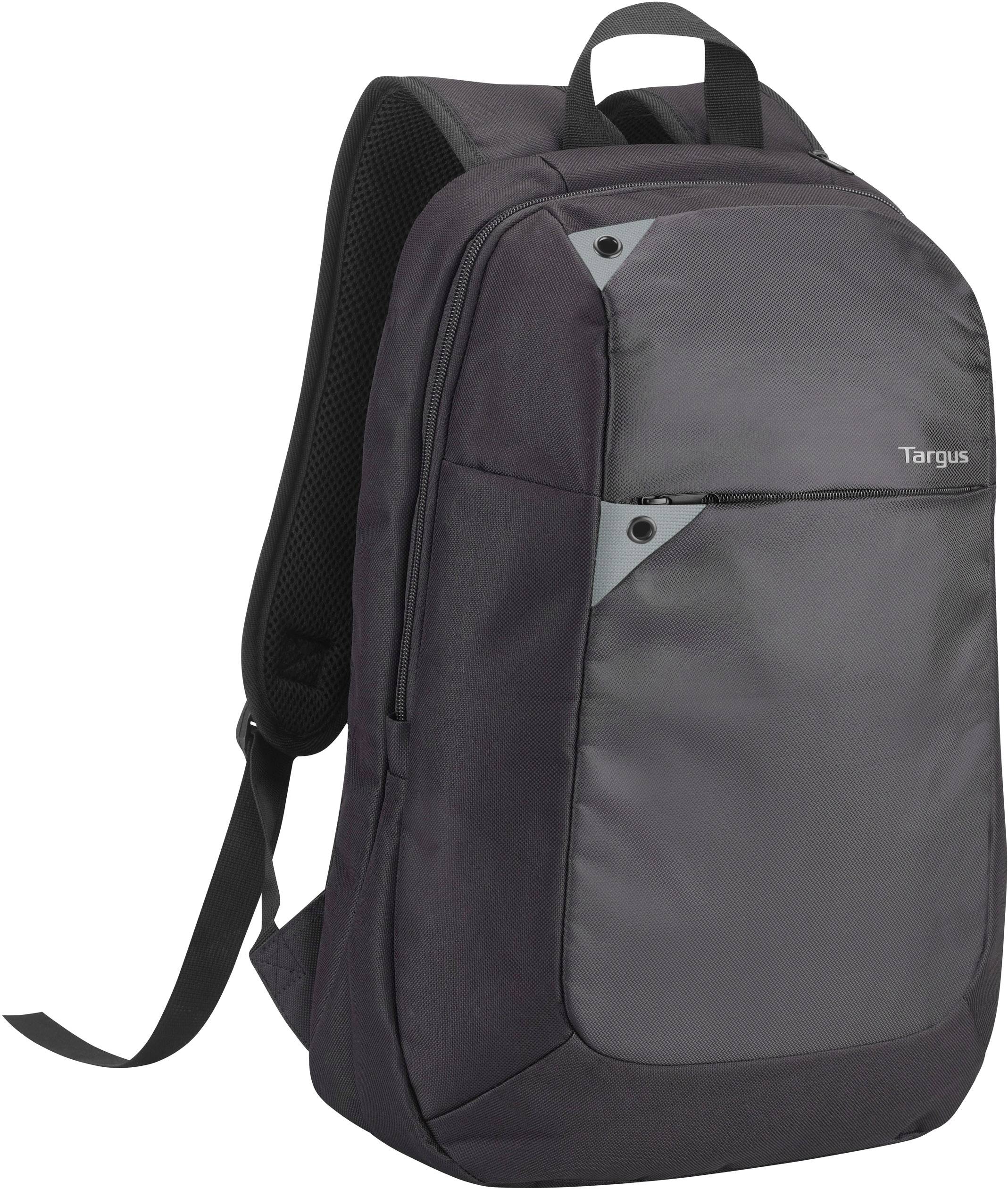 Ein schwarzer Rucksack mit einem großen Hauptfach und kleinerem Reißverschlussfach vorne. Der Markenname 'Targus' ist sichtbar.