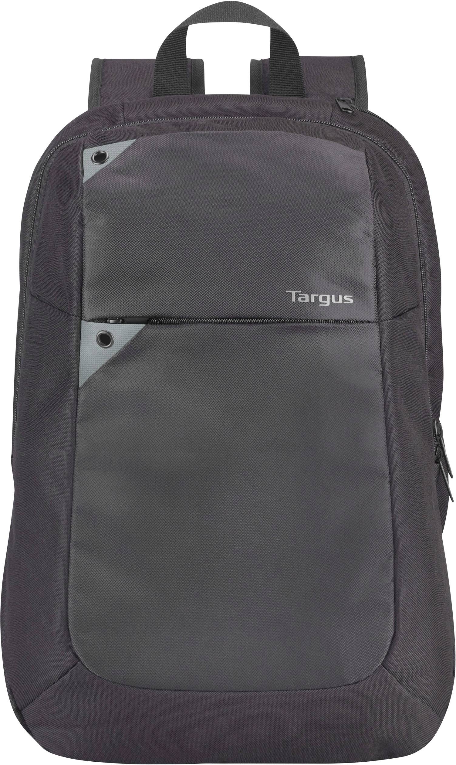 Schwarzer Targus-Rucksack mit mehreren Fächern, Reißverschlüssen und einem Griff. Ideal für Laptops und den täglichen Gebrauch.